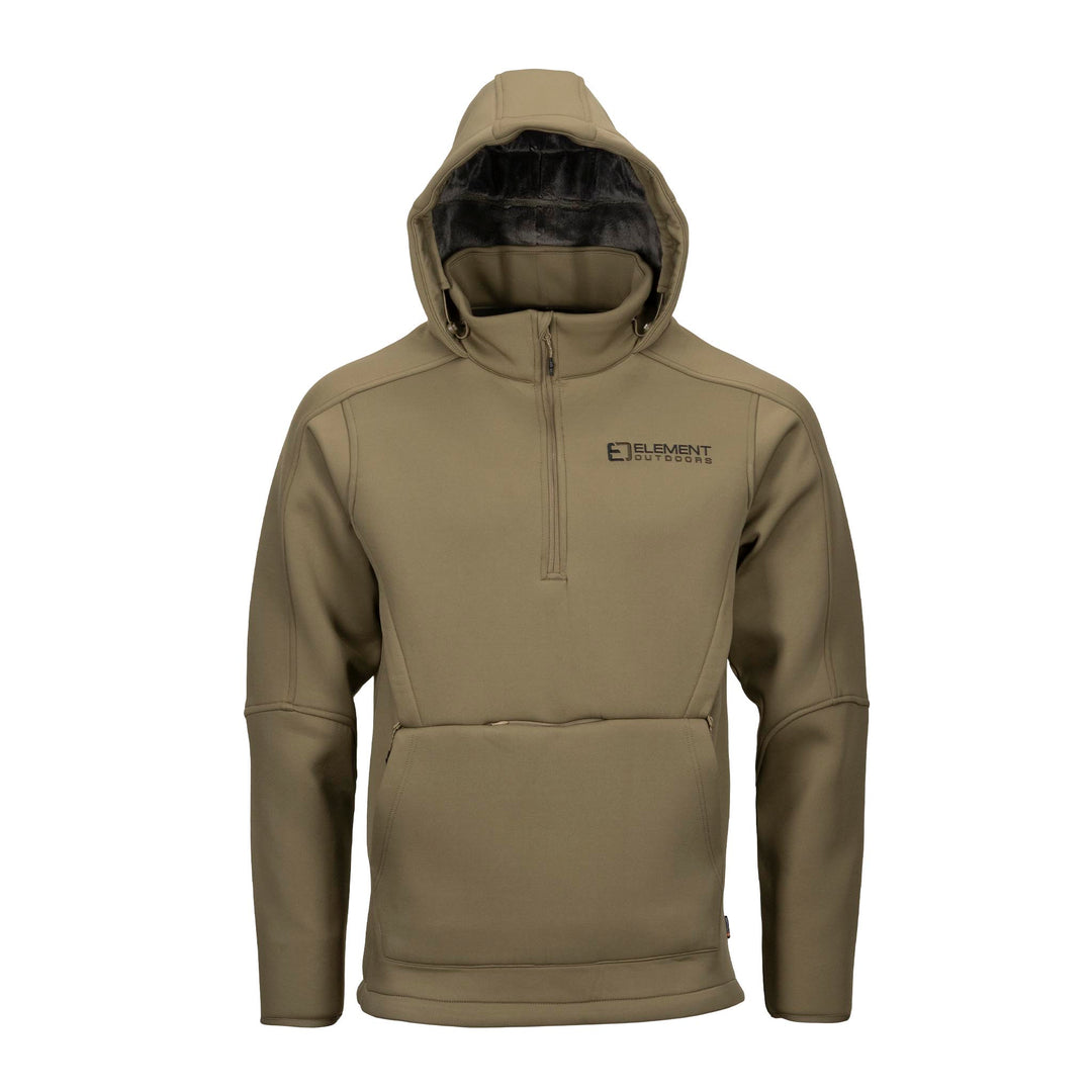 Peak 1/4 Zip Jacket Product Photo with hood up#color_coyote